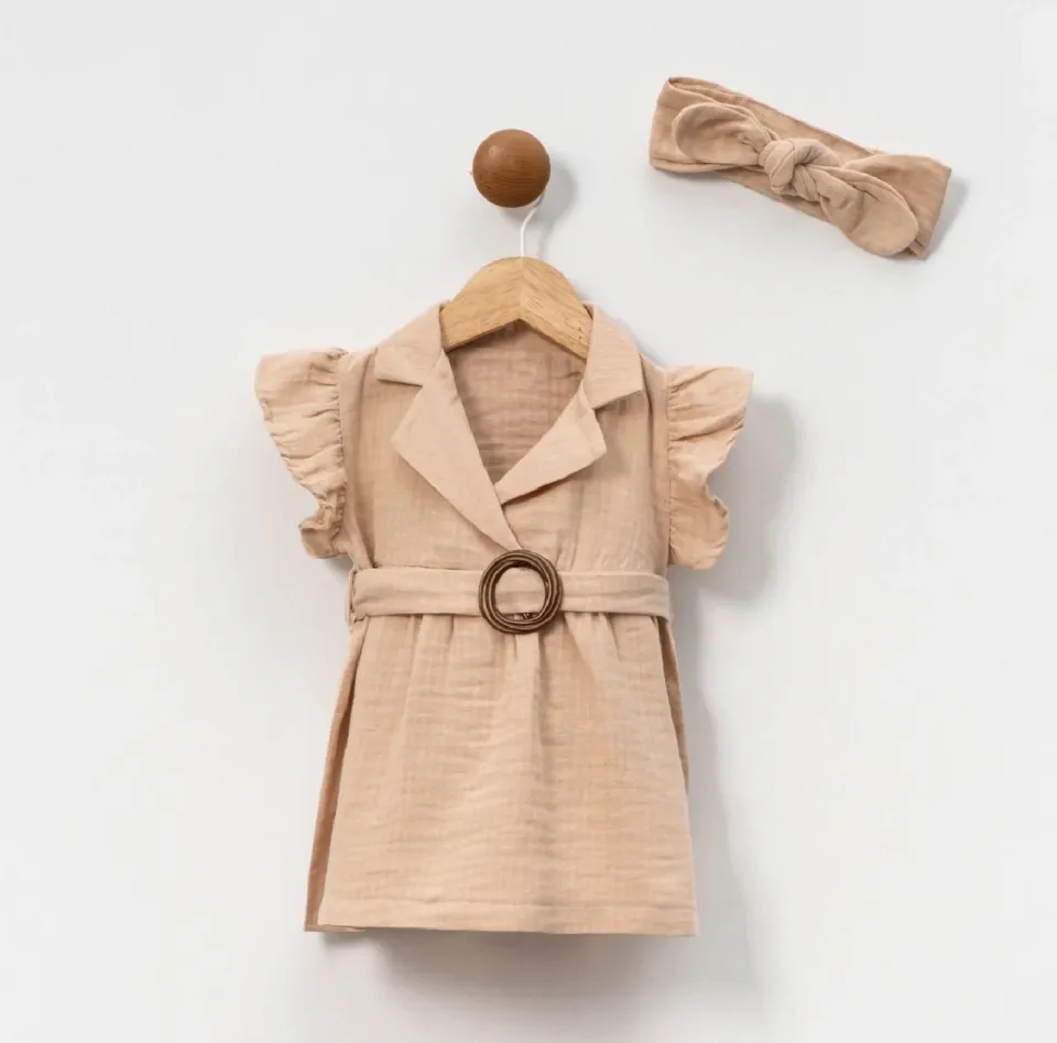 POPS Müslin Kemerli Elbise Bandana Seti