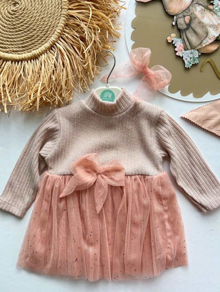 Tunca Simli Elbise (Pudra)