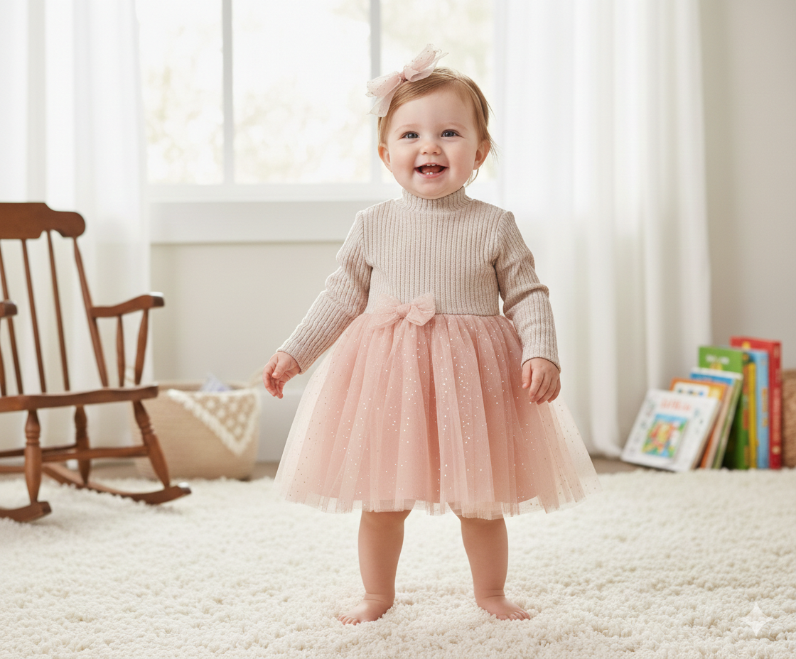 Tunca Simli Elbise (Pudra)