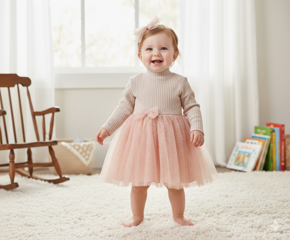 Tunca Simli Elbise (Pudra)