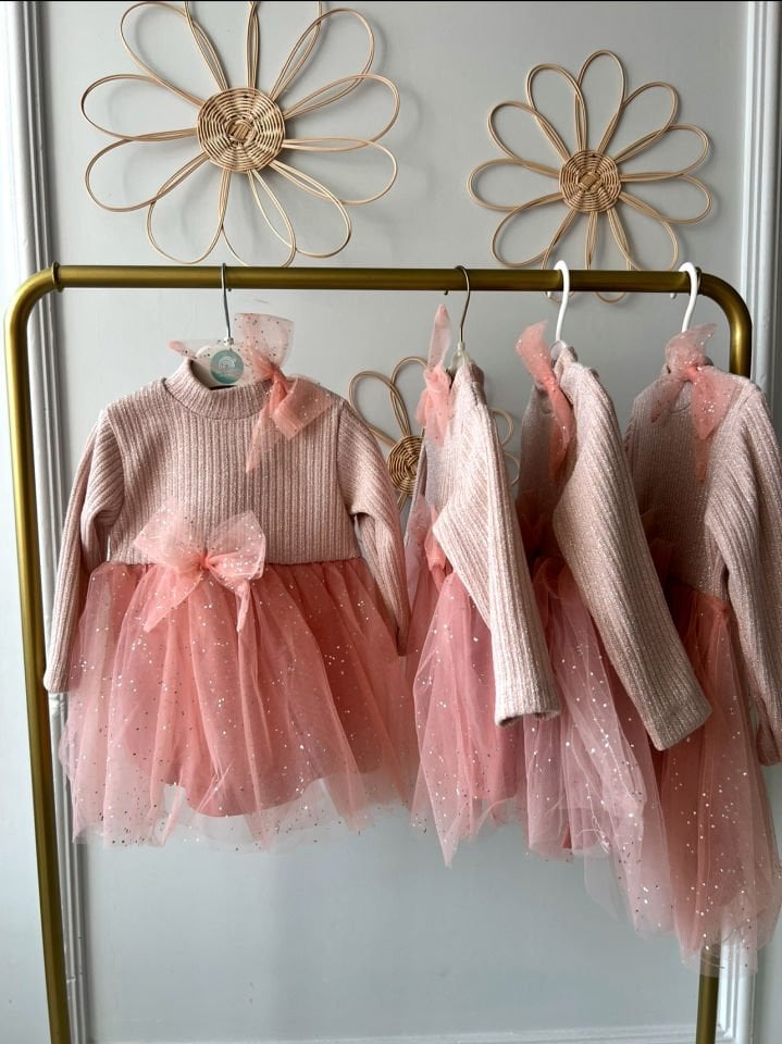 Tunca Simli Elbise (Pudra)