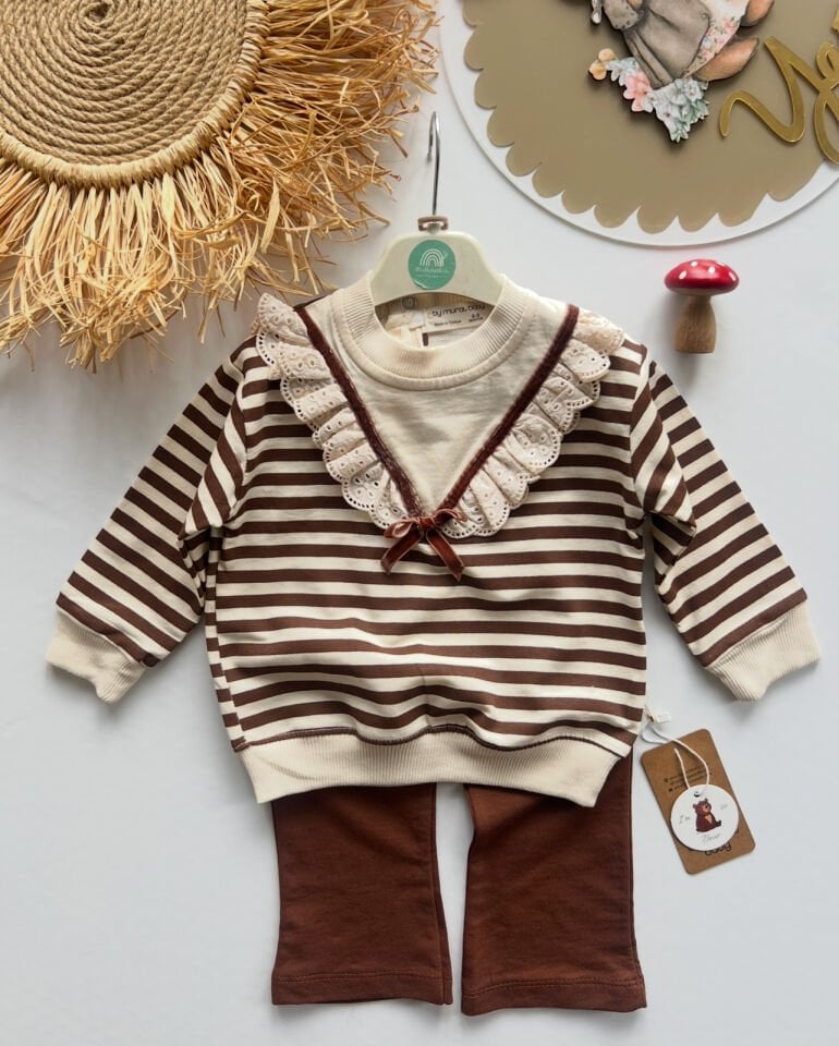 Floral Çizgili Takım(Kahverengi)